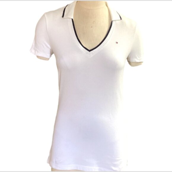 Tommy Hilfiger White Polo Shirt V-Neck Collared Short Sleeve Women XS 284T - Picture 3 of 8